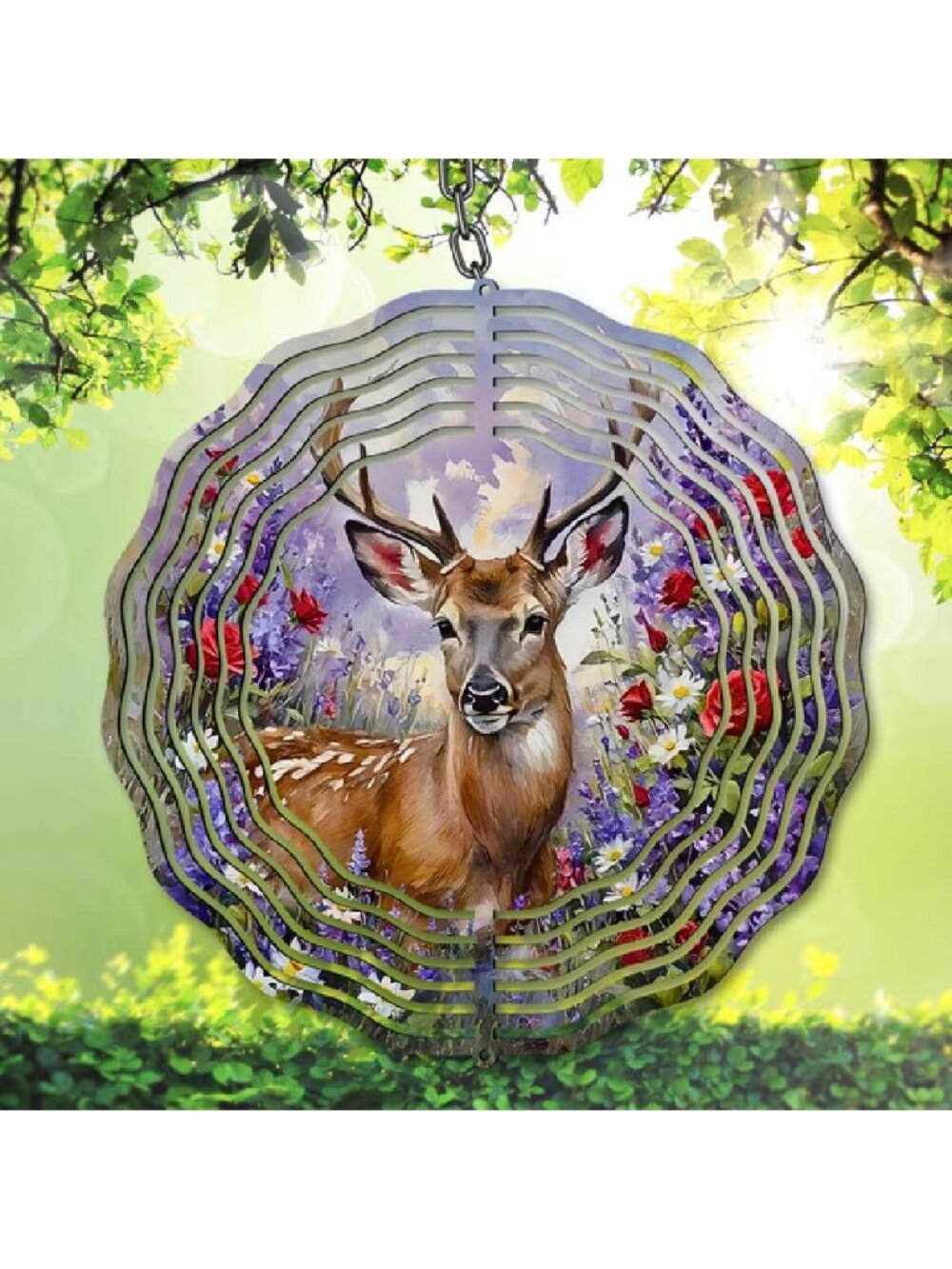 Deer Floral Wind Spinner 10 Inch, Wildlife Garden Decor for Outdoor Patio